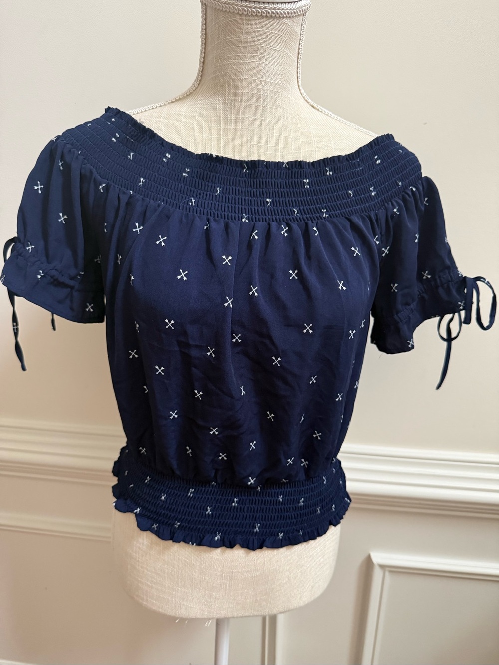 Anthropologie Navy Blue Off-Shoulder Smocked Blouse with White Embroidery